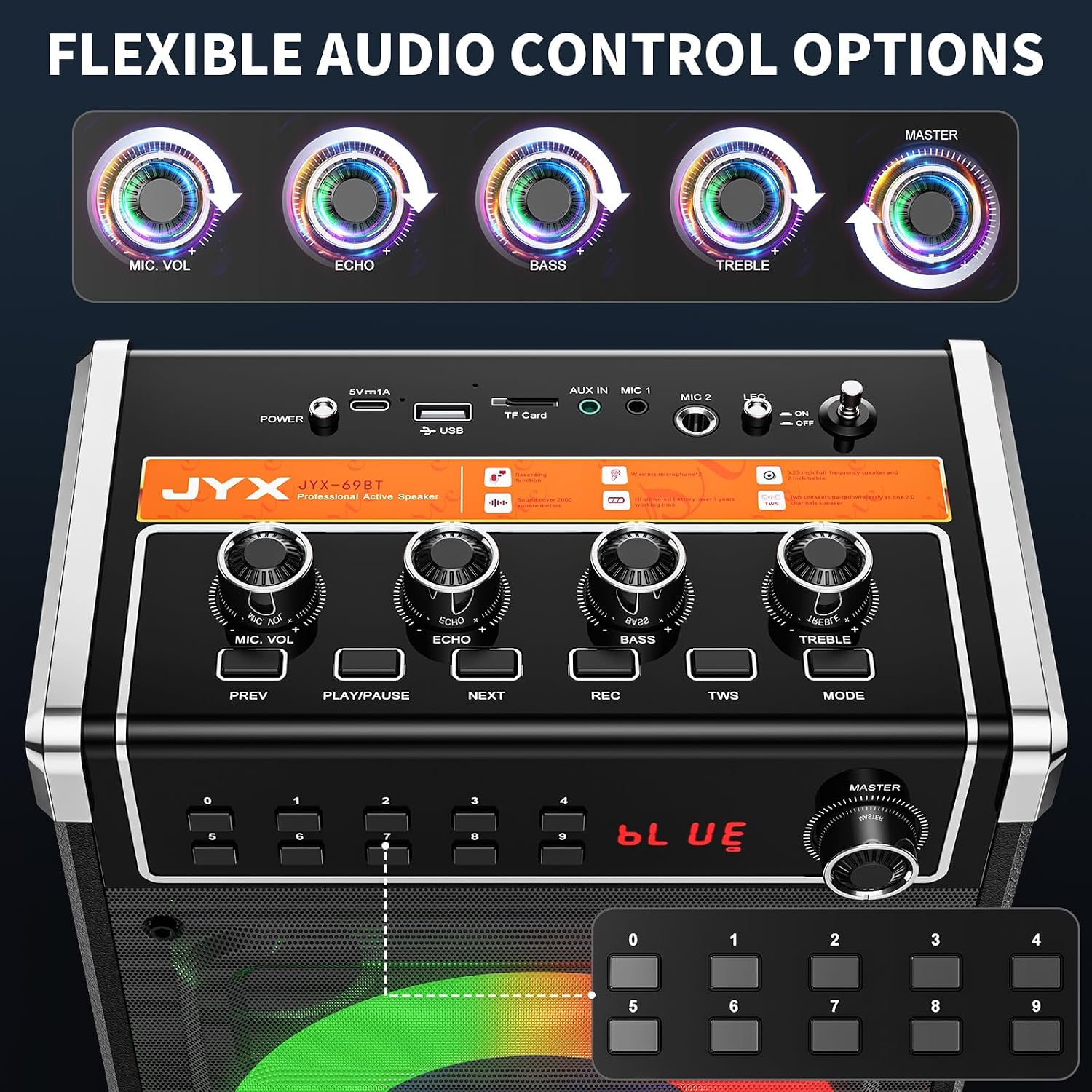 Detalle 2 de JYX 66BT Karaoke Machine with Two Wireless Mics, Bluetooth 5.3 and Disco Lights