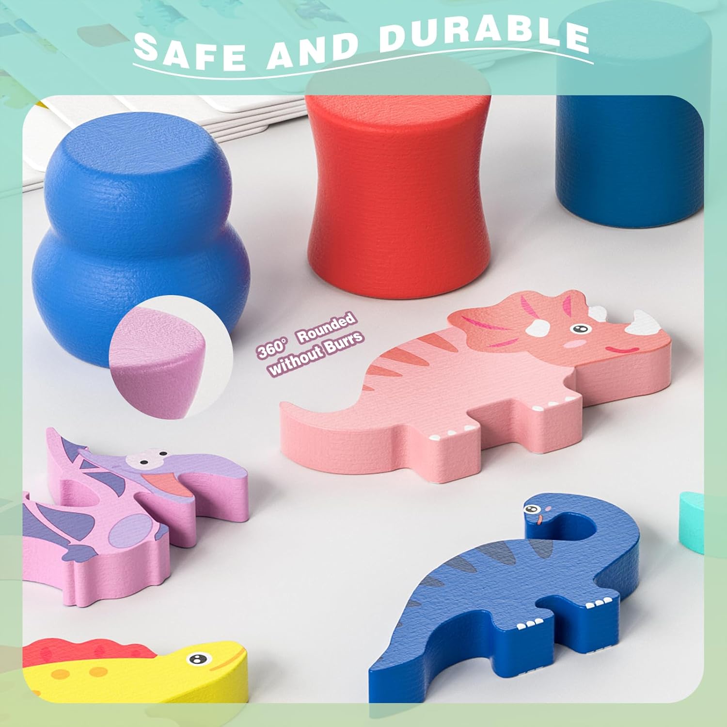 Thumbnail 3 de JAiiMen Montessori Dinosaur Wooden Blocks (9 blocks, planks, sorting & challenge cards) for ages 2–4