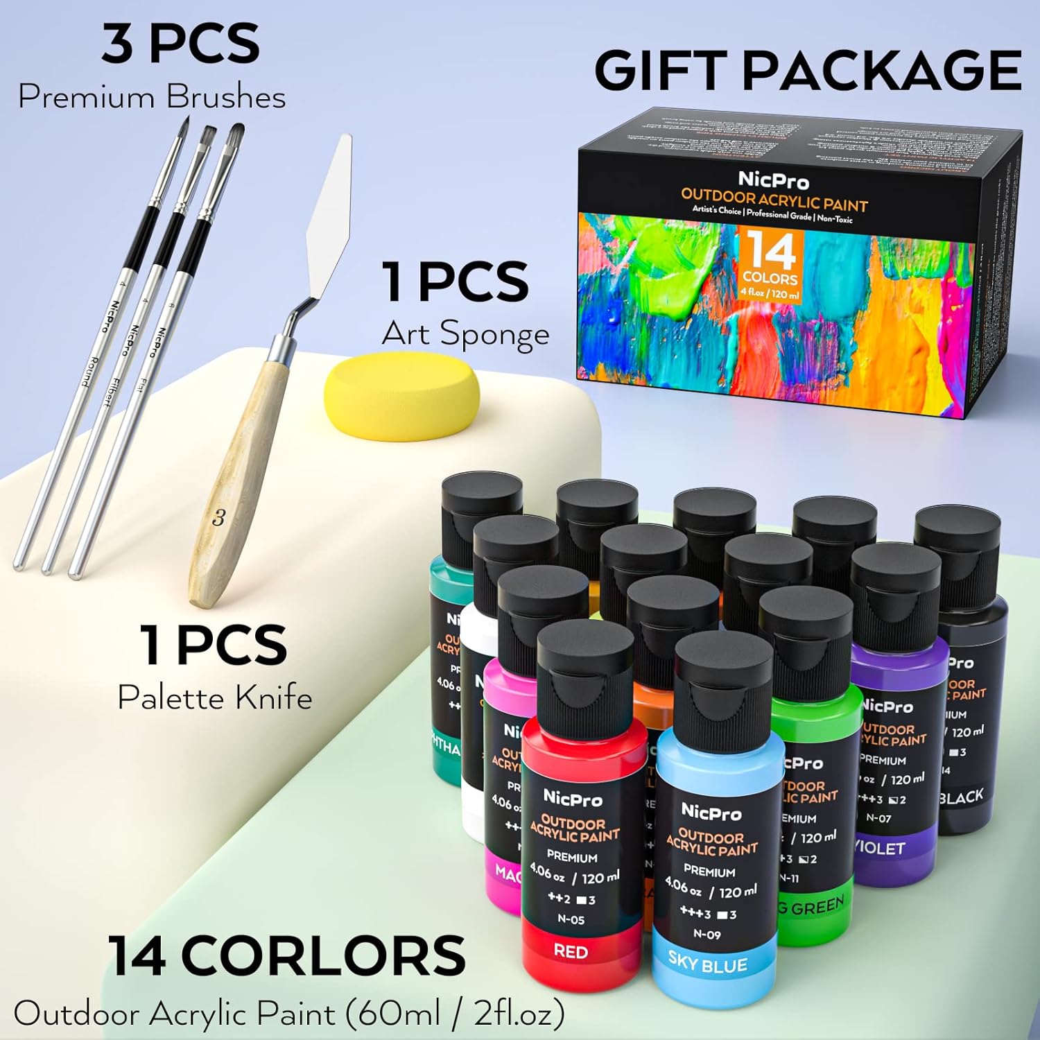 Thumbnail 5 de Nicpro 14 Colors Outdoor Acrylic Paint Bulk (4.06 oz) with Tool Set – Multi-Surface, Non-Toxic