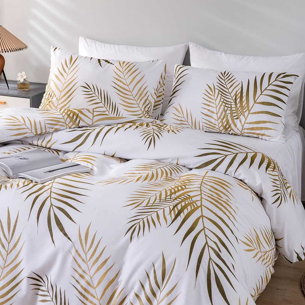 Thumbnail 4 de Michorinee Housse de Couette 200x200 Motif Feuilles de Palmier Tropicales Or et Blanc – Parure de Lit Botanique