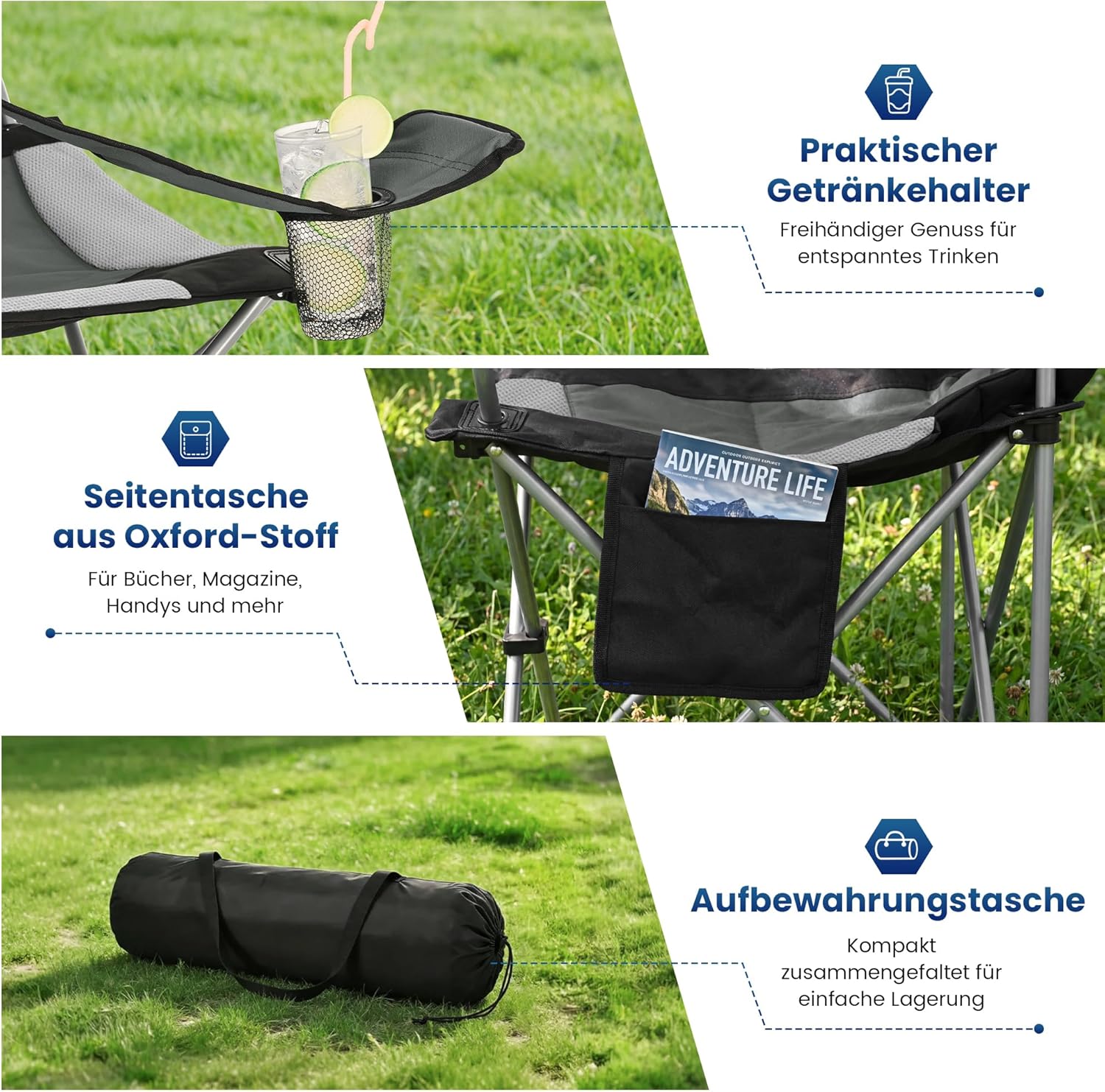 Detalle de ROPODA Campingstuhl Faltbar – Hochlehner, Armlehnen, Getränkehalter, Seitentasche, 150 kg Tragkraft, Grau