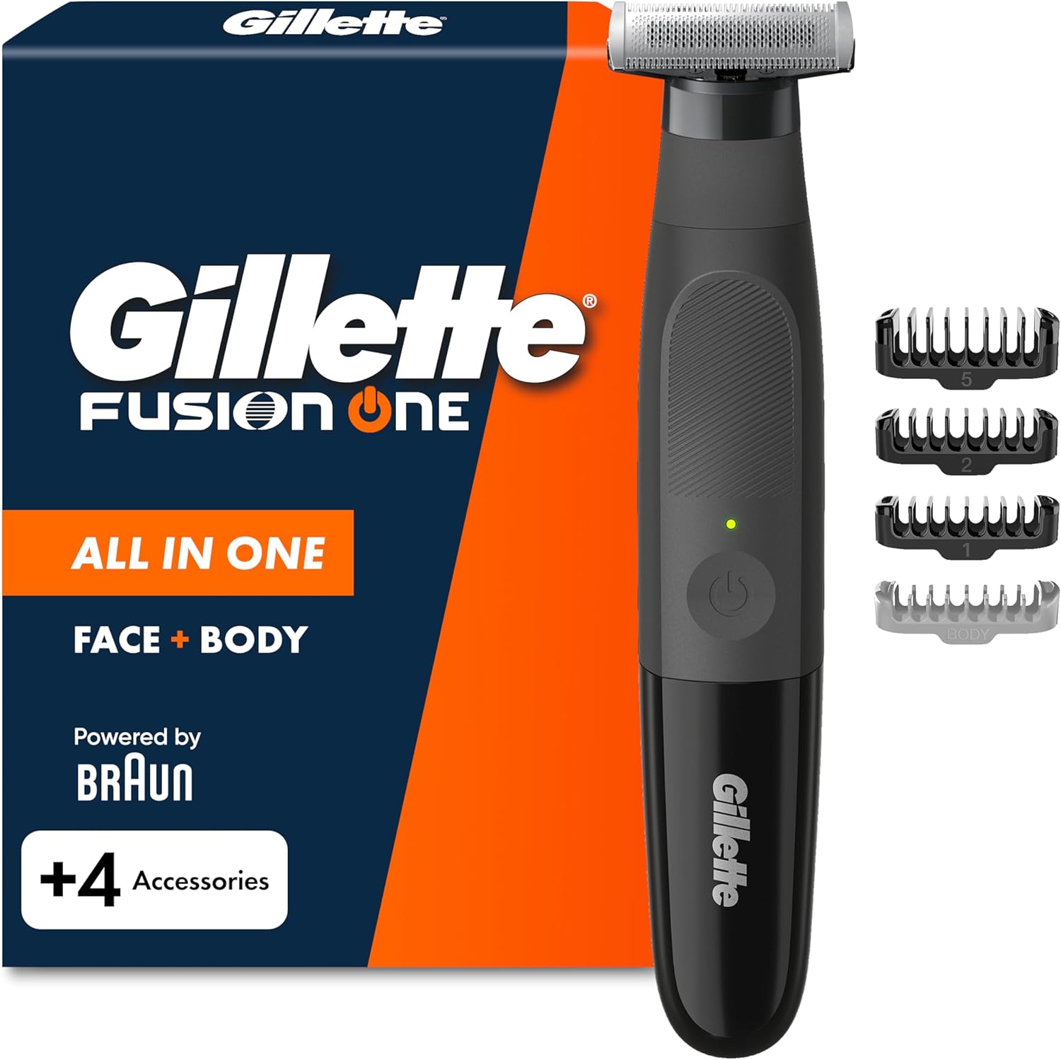 Detalle de Gillette Fusion One rasoio elettrico uomo per barba e corpo con testina oscillante, 3 pettini barba (1/2/5 mm) e 1 pettine corpo