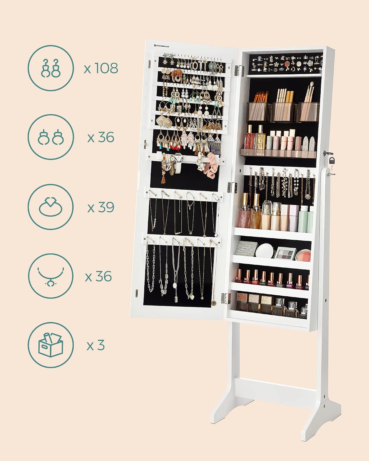 Detalle 2 de SONGMICS JJC002W01 Armoire à bijoux avec miroir intégral et 2 organiseurs amovibles