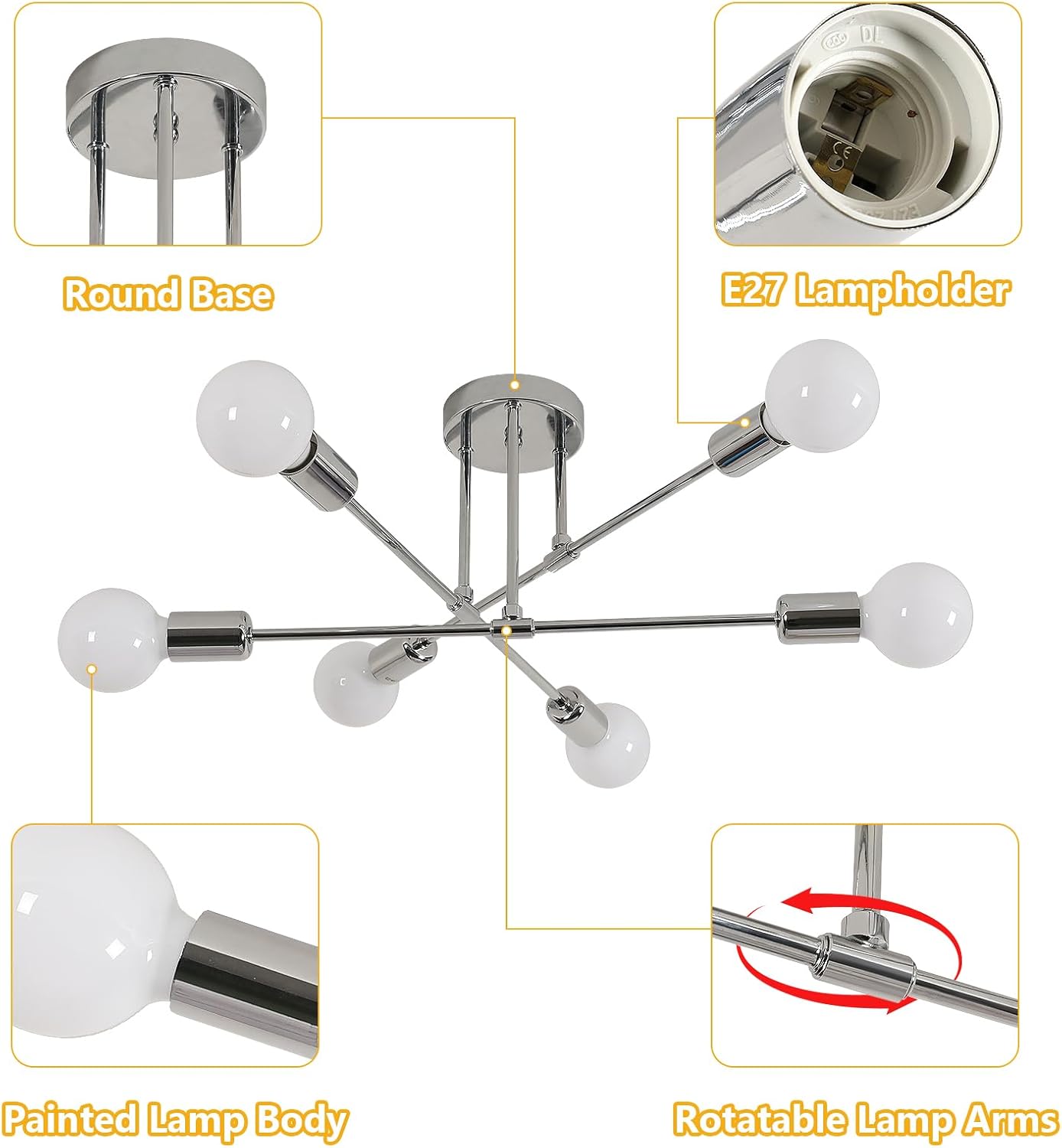 Detalle 2 de Goeco Lampadario Sputnik Vintage con 6 portalampada E27, metallo cromato (60 cm)