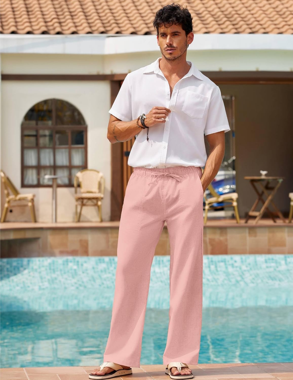 Detalle de COOFANDY Men’s Linen Pant Elastic Waist Drawstring Summer Beach Pants