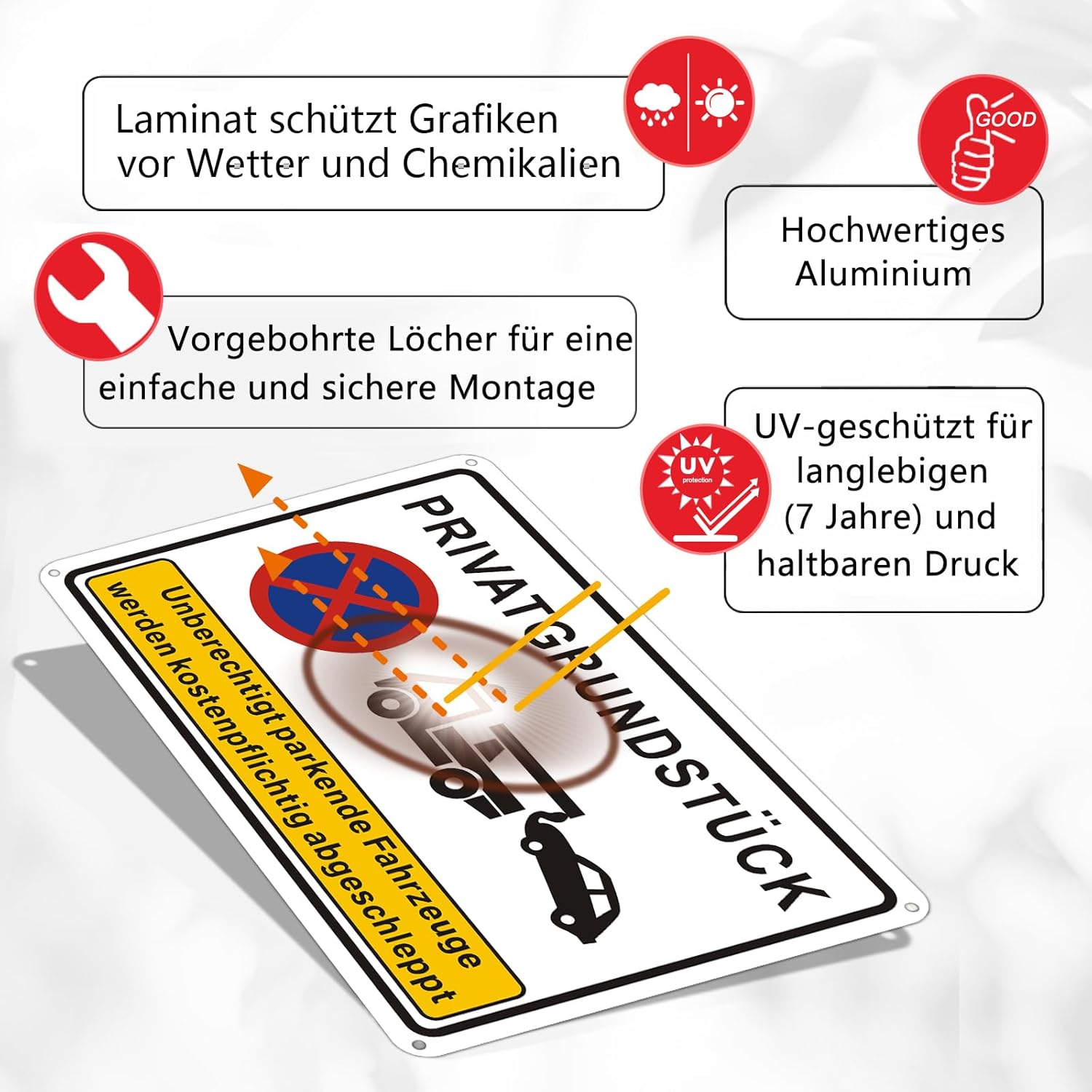 Thumbnail 4 de 2er-Set Privatgrundstück Schilder „Parken Verboten“ (30 x 20 cm) aus Aluminium, UV-geschützt, mit vorgebohrten Löchern