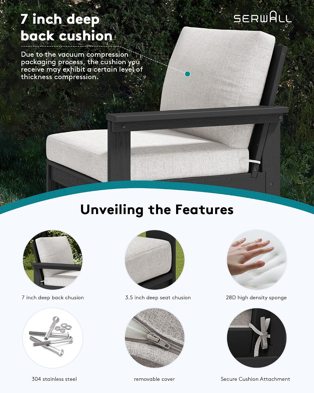 Detalle 2 de SERWALL A111-029 HDPE Patio Furniture Set with 3-Seat Sofa and Coffee Table