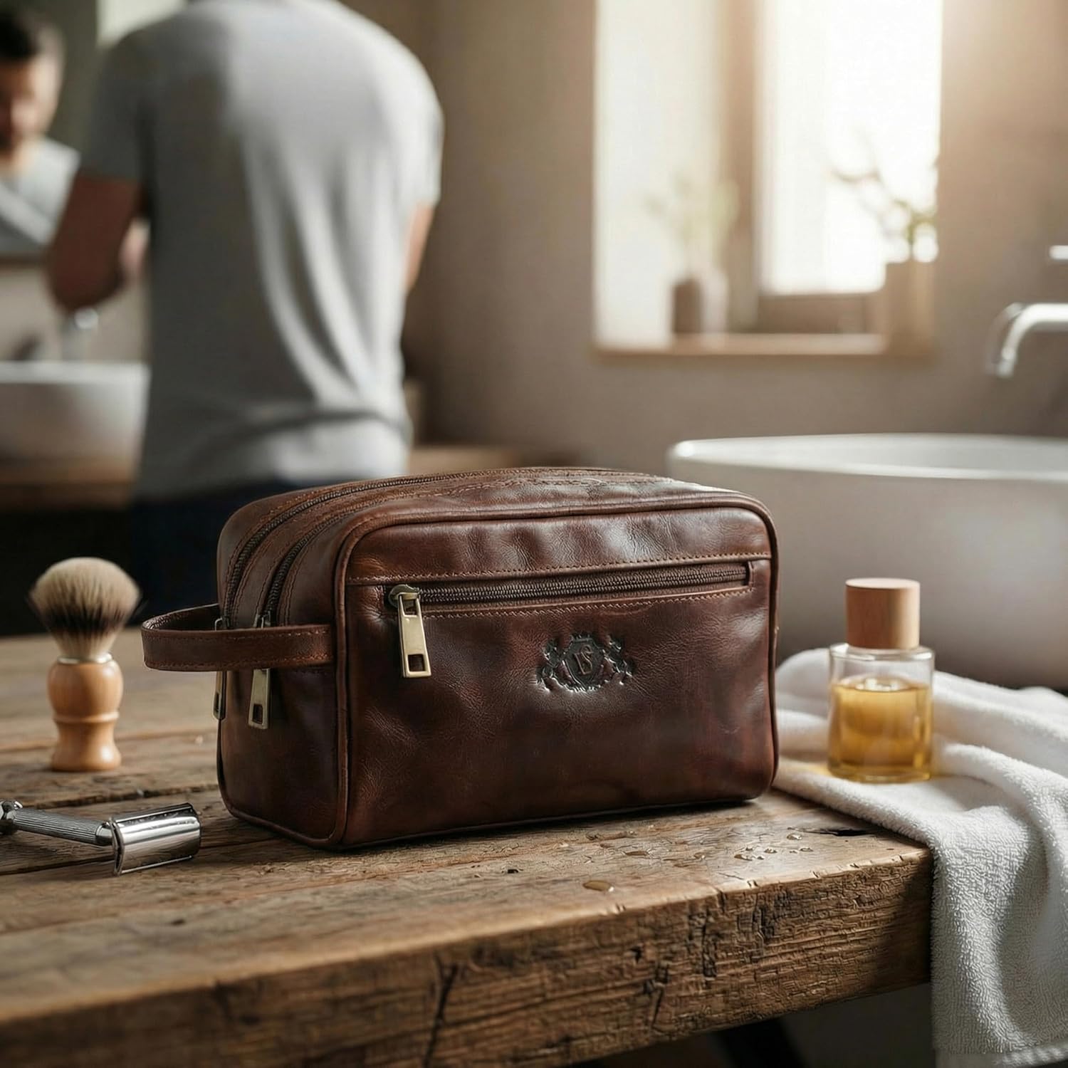 Detalle de SID & VAIN Gatwick Large Leather Wash Bag – A practical, handmade toiletry companion