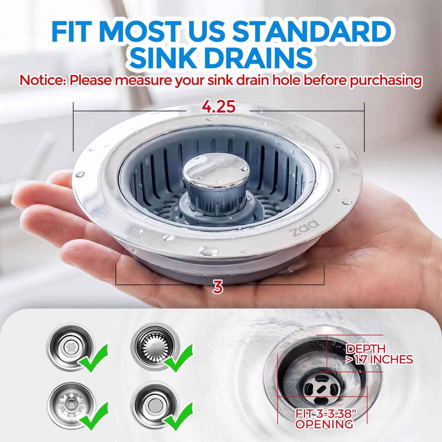 Thumbnail 6 de zaa 3-in-1 Sink Drain Strainer and Stopper for 3-1/2 in Sink Holes (Silver)