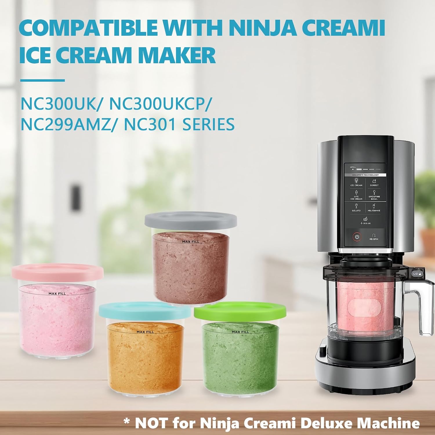 Detalle 2 de Nepfaivy 4-Pack Ice Cream Tubs for Ninja CREAMi (NC300UK/NC299AMZ/NC301) – BPA-Free, Colour-Lid, Dishwasher Safe