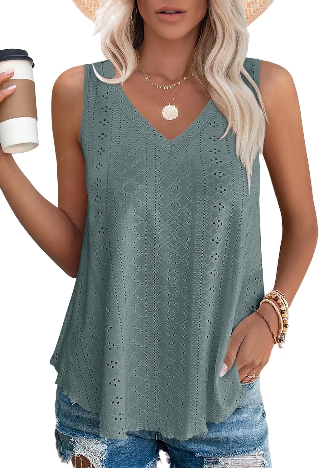 Detalle de Aokosor Ladies Eyelet Embroidery Tank Top