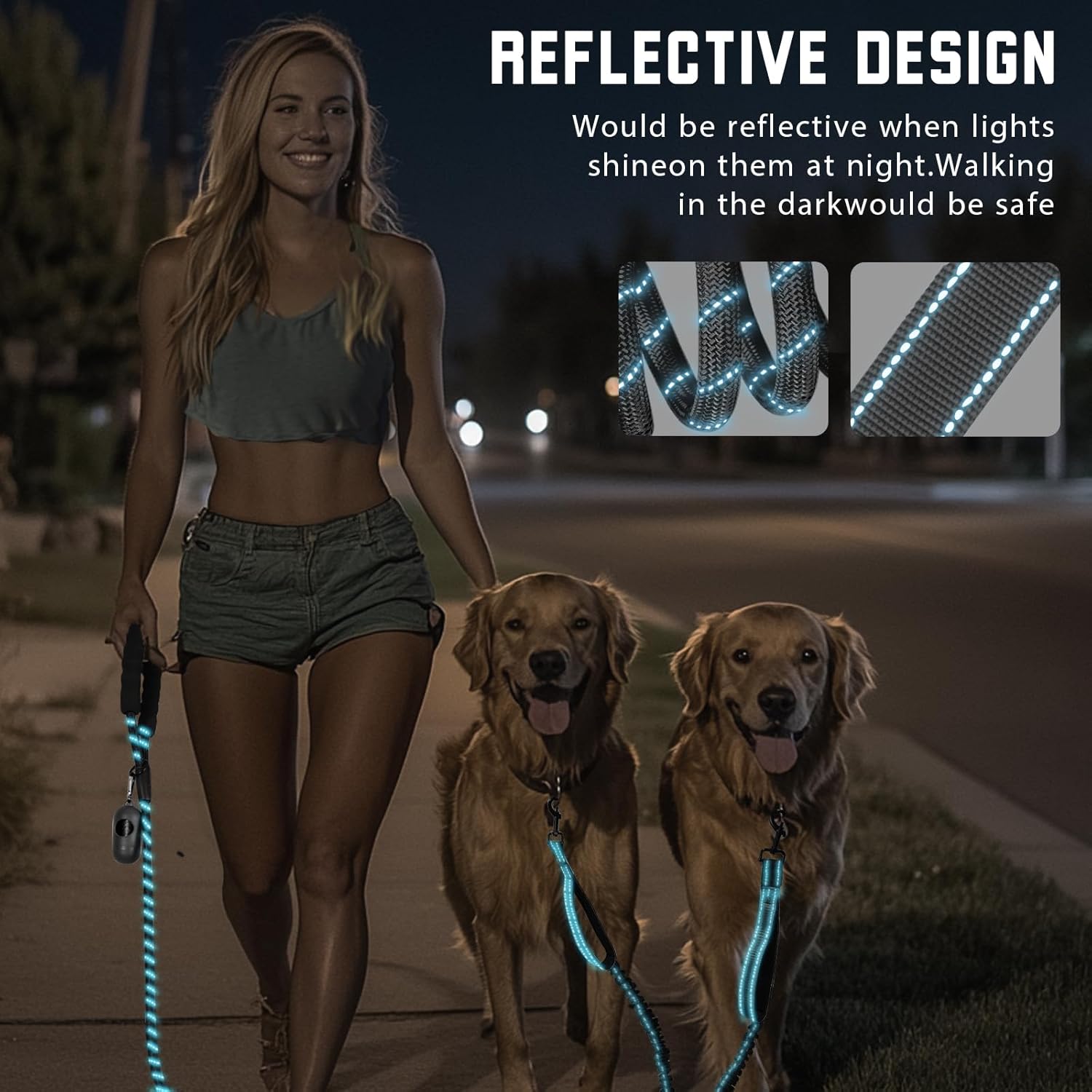 Detalle 2 de Blanlody Double Dog Lead for Walking 2 Dogs — No-tangle bungee split lead with reflective design and padded handles