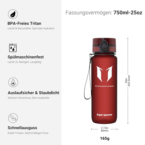 Detalle de Super Sparrow Tritan-Trinkflasche, 750 ml, BPA-frei mit Trageriemen
