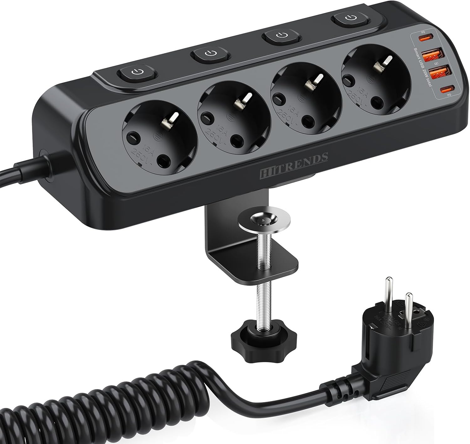 Detalle de HITRENDS Black bordsuttag med USB-C PD 20 W och fyra strömbrytare