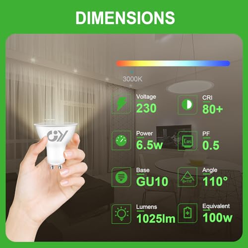 Detalle de GY Bombilla LED GU10 6.5W (Eq. 100W) 1025LM 3000K Blanco Cálido – Pack de 10