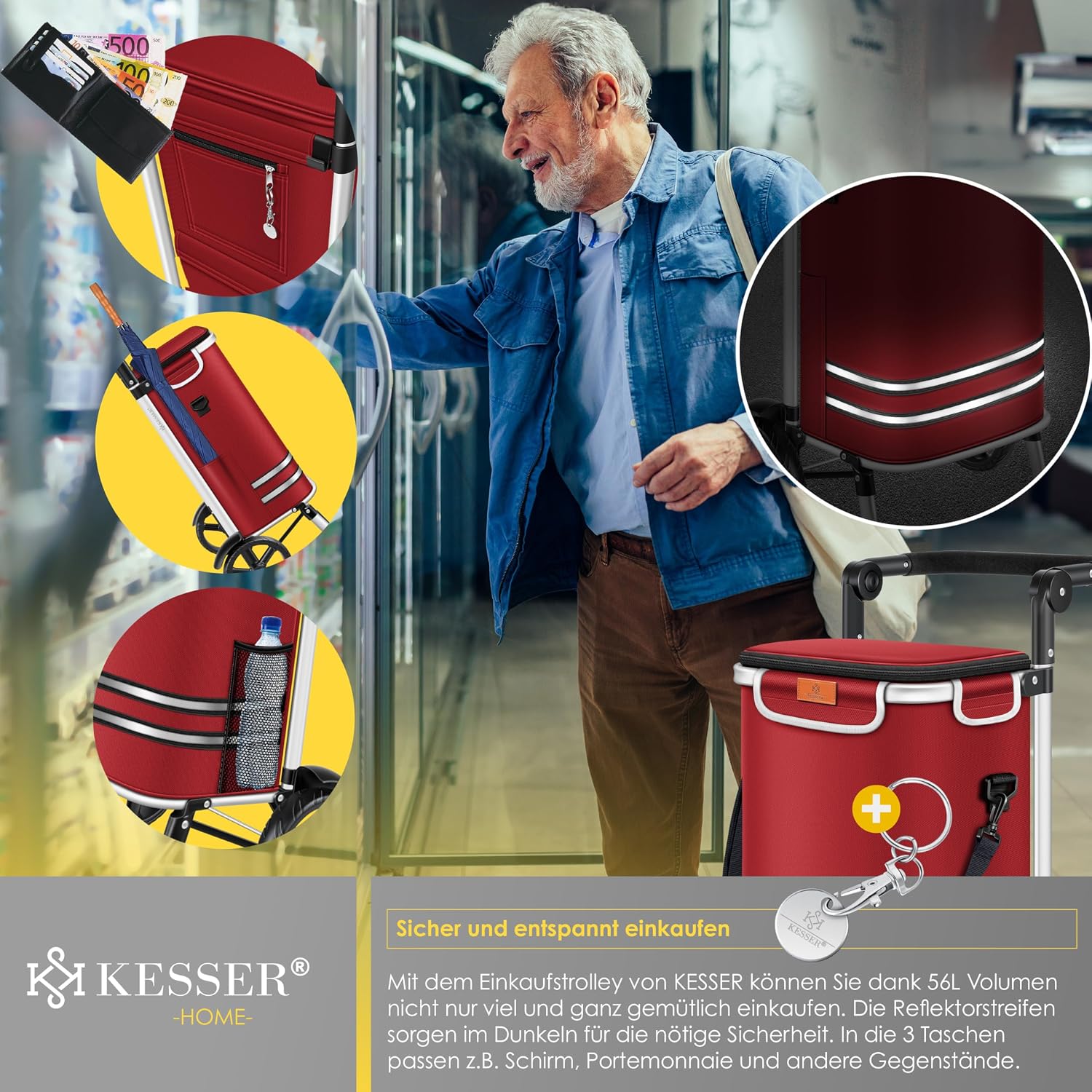 Detalle 1 de KESSER Einkaufstrolley klappbar 56 l (bis 50 kg) mit Kühlfach & Umhängetasche – Bordeaux Rot