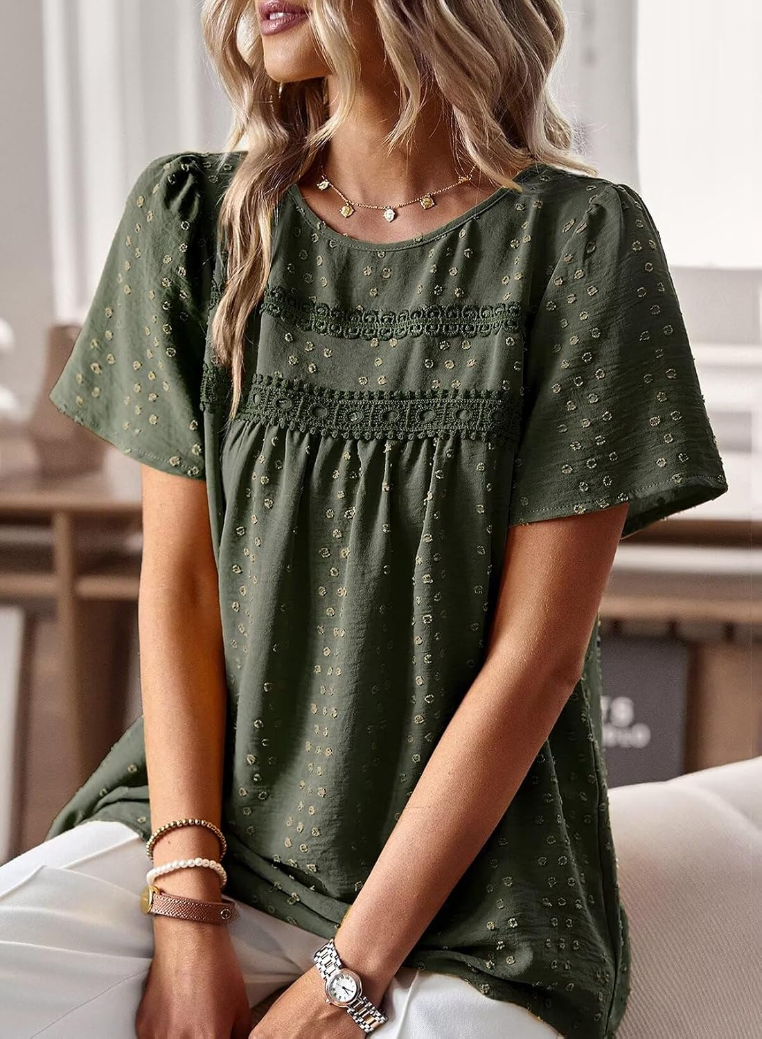 Detalle 2 de Falechay Summer Boho Blouse for Women with Round Neck, Crochet Lace Edges, and Flowy Hem