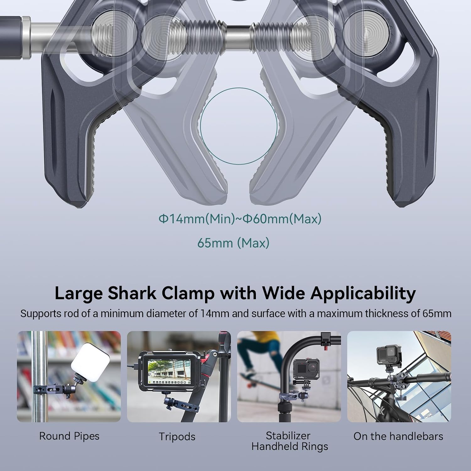 Detalle de SMALLRIG 4102B kameraklämma med kulhuvud, 360° rotation och avtagbar adapter