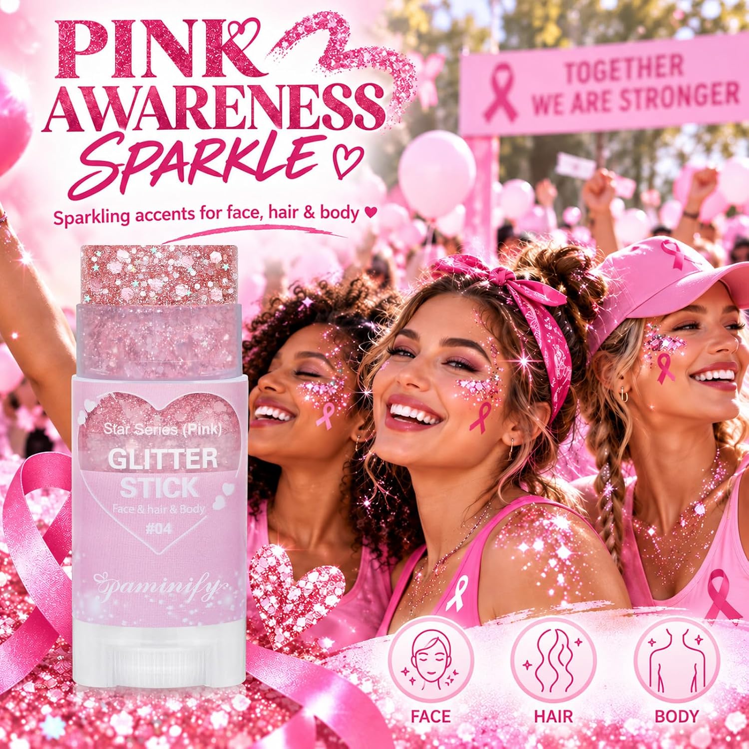 Detalle 2 de paminify Pink Glitter Stick for Hair, Face, and Body, Waterproof Hexagonal Sparkle