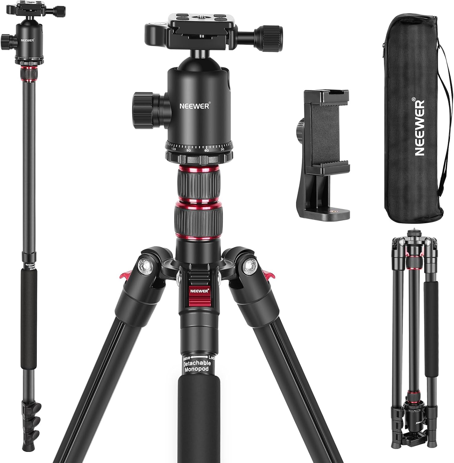 Detalle de NEEWER TP77 アルミ製カメラ三脚 360°ボール雲台・一脚兼用・耐荷重15.4kg