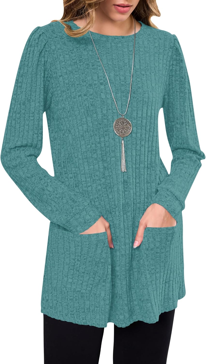 Detalle 2 de WNEEDU Women's Sweater Tunic Dress, Long Sleeves, Pockets and Vertical Stripes