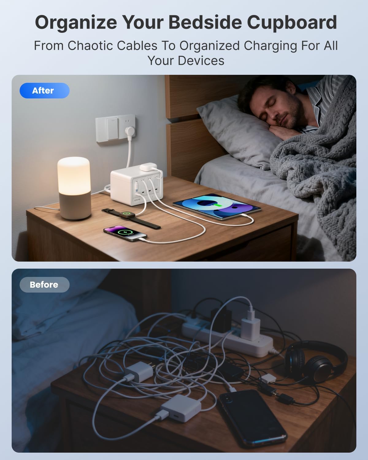 Detalle de Gitryin 12-in-1 Desktop Charging Station: 3 Retractable USB-C Chargers + Lightning, 160W Hub