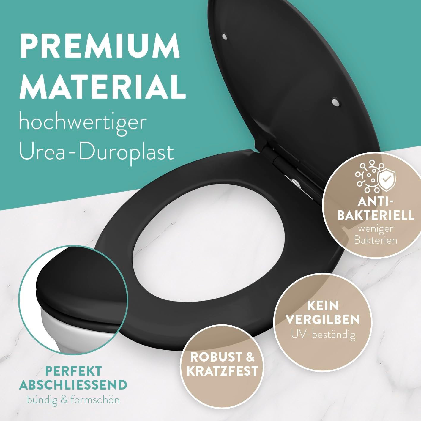 Thumbnail 5 de BENKSTEIN Premium Toilettendeckel antibakteriell oval schwarz – Duroplast, Quick-Release & Softclose