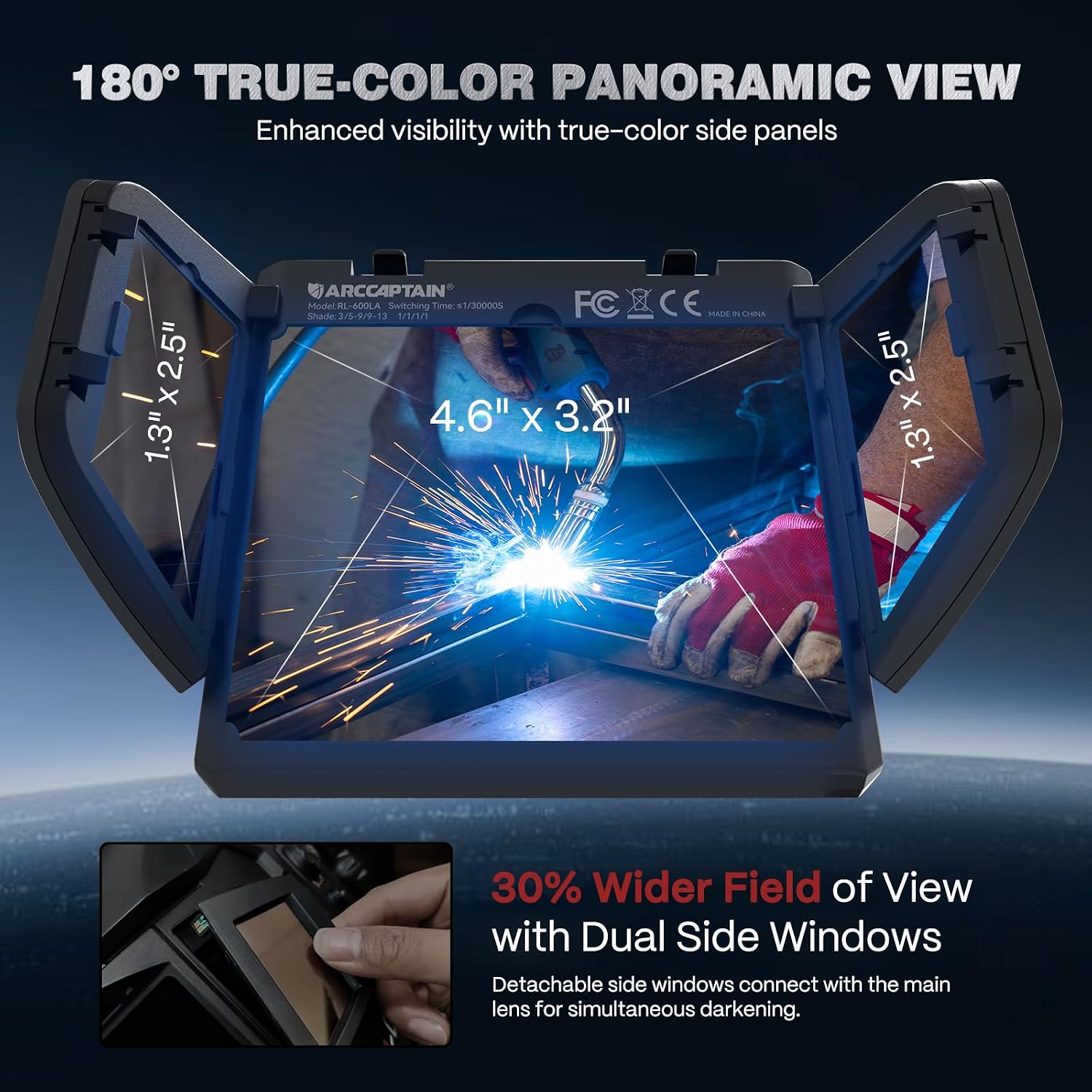 Detalle de ARCCAPTAIN RL-600LA Welding Helmet, 180° Panoramic True-Color Auto-Darkening