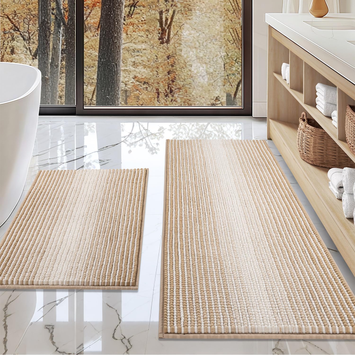 Detalle de BSICPRO 2-Piece Chenille Bathroom Rug Set (Non-Slip, Machine Washable) — Beige