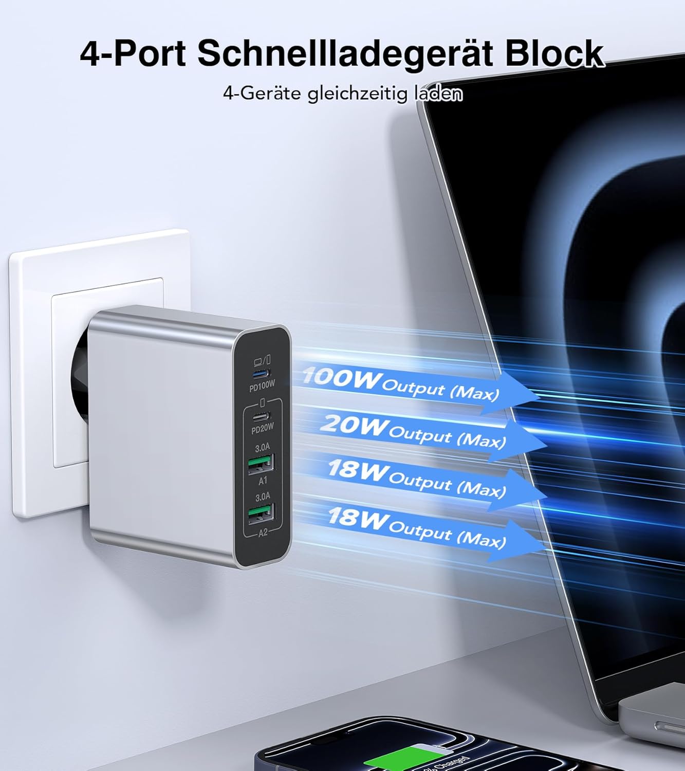 Thumbnail 1 de 120W USB-C Ladegerät 4-Port Mehrfachladegerät mit PD3.0 + QC3.0