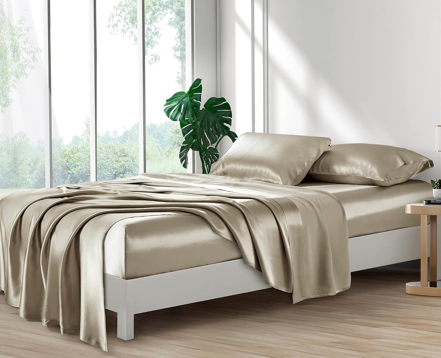 Detalle 2 de Lanest Housing Queen Satin Sheet Set, Taupe, 14-Inch Deep Pocket