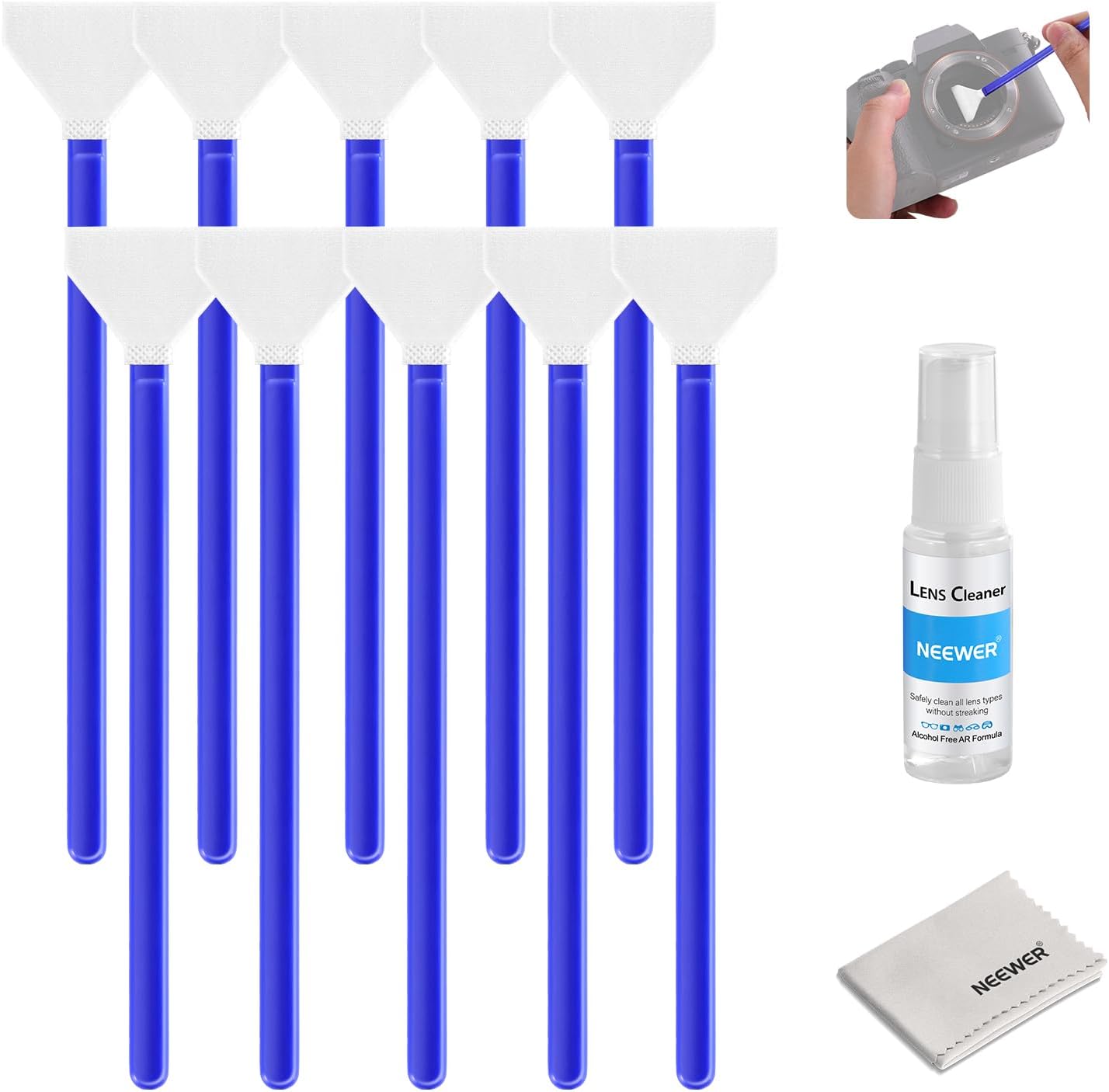 Detalle de NEEWER Kit de nettoyage d’objectif 12 en 1 pour DSLR et capteurs APS-C (HM-47) : 10 tampons + spray sans alcool + chiffon