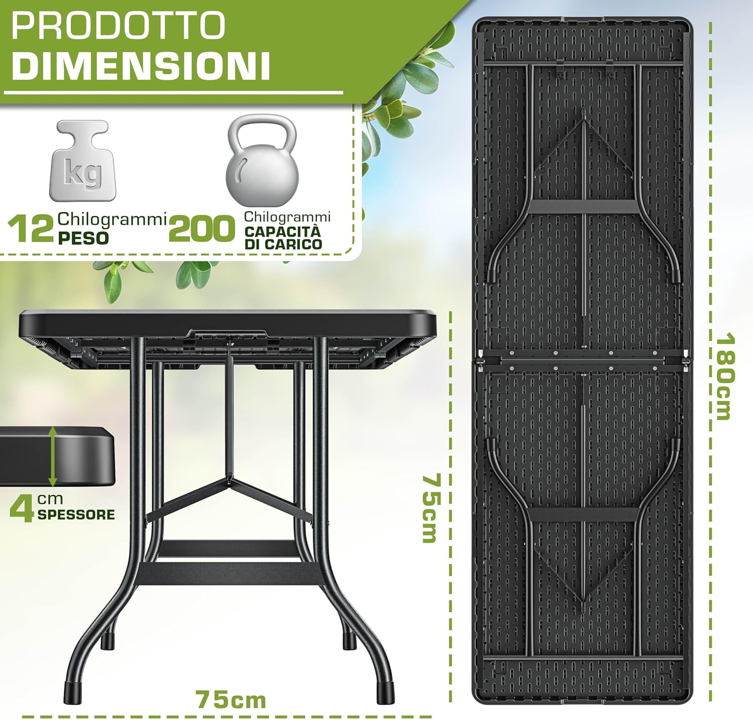 Detalle 2 de tillvex Tavolo da giardino 180x75cm pieghevole 📐