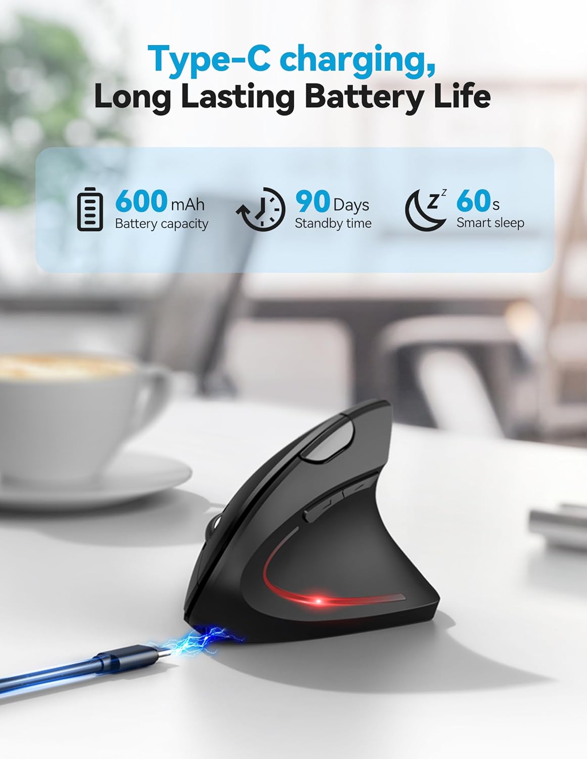 Detalle de TECKNET Ergonomic Vertical Mouse (Bluetooth Rechargeable, 6-button) — Right-handed, 4800 DPI, Silent clicks