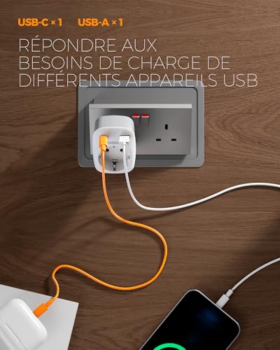 Thumbnail 6 de TESSAN lot de 2 adaptateurs UK Type G avec USB-C, USB-A et prise Schuko