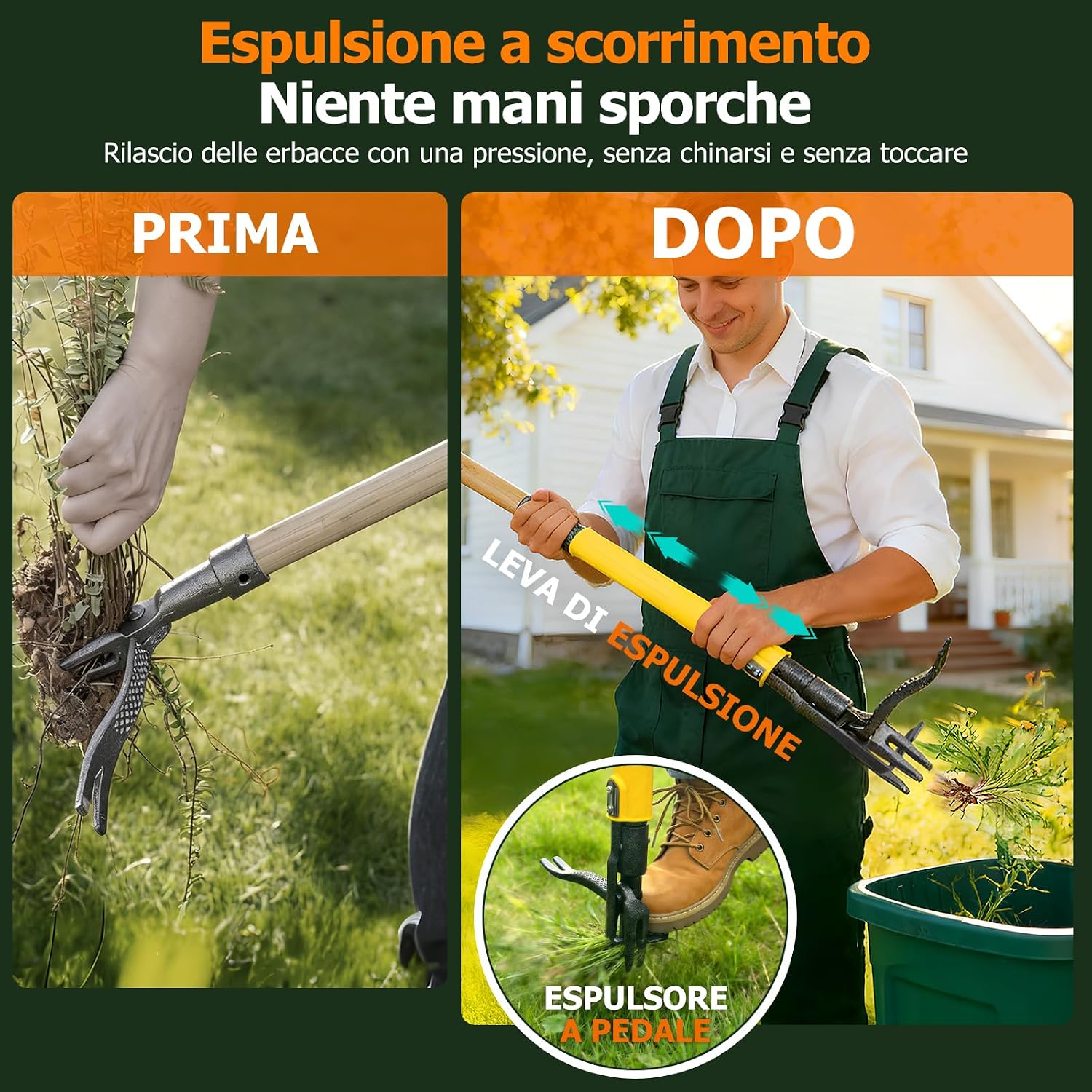 Detalle 2 de Estirpatore per Erbacce e Denti di Leone, 109 cm, con 4 Artigli in Acciaio e Sistema di Espulsione a Scorrimento
