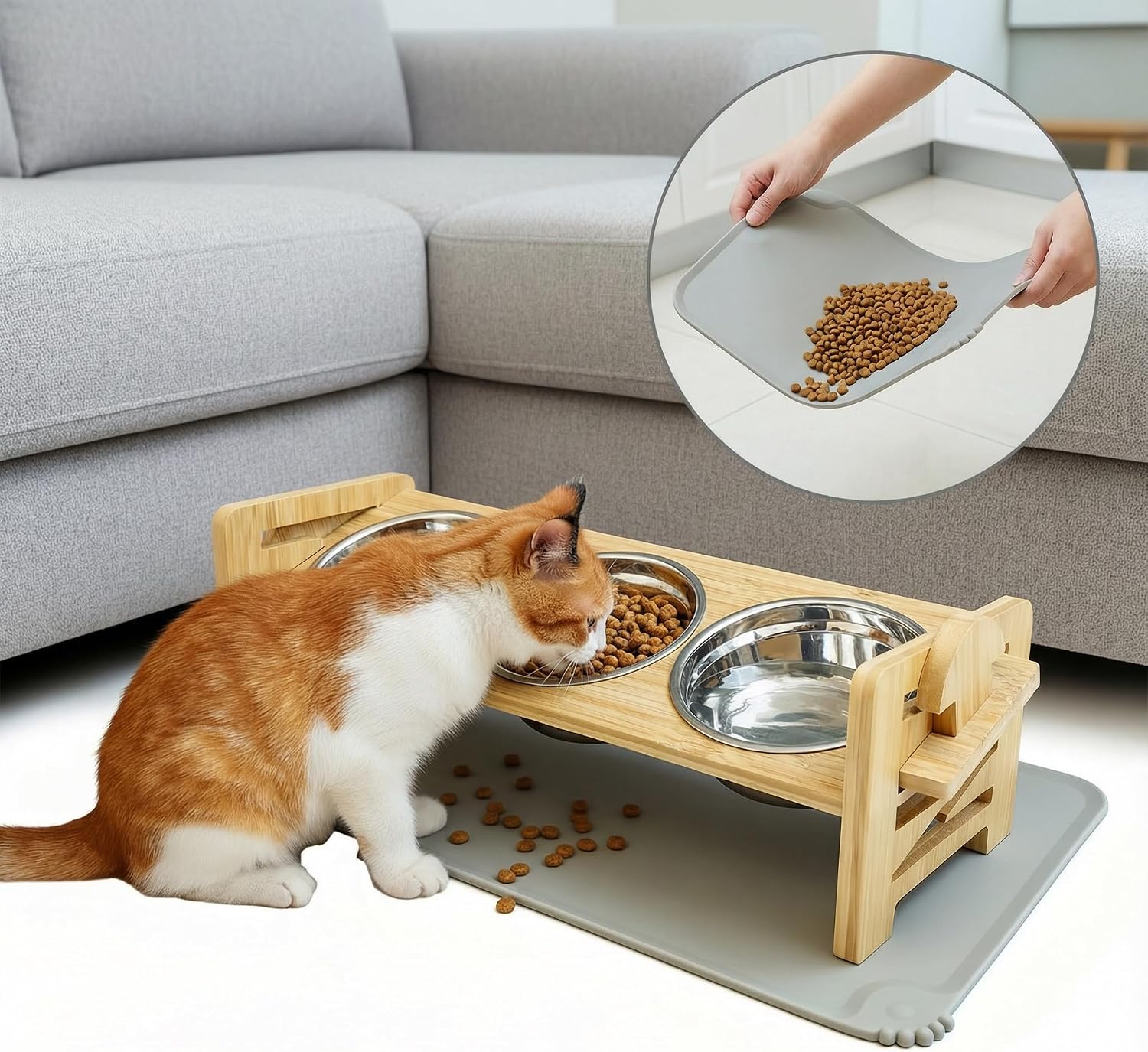 Detalle 2 de Tilted Elevated Cat Bowls with Stand - Bamboo & Stainless Steel Feeding Station