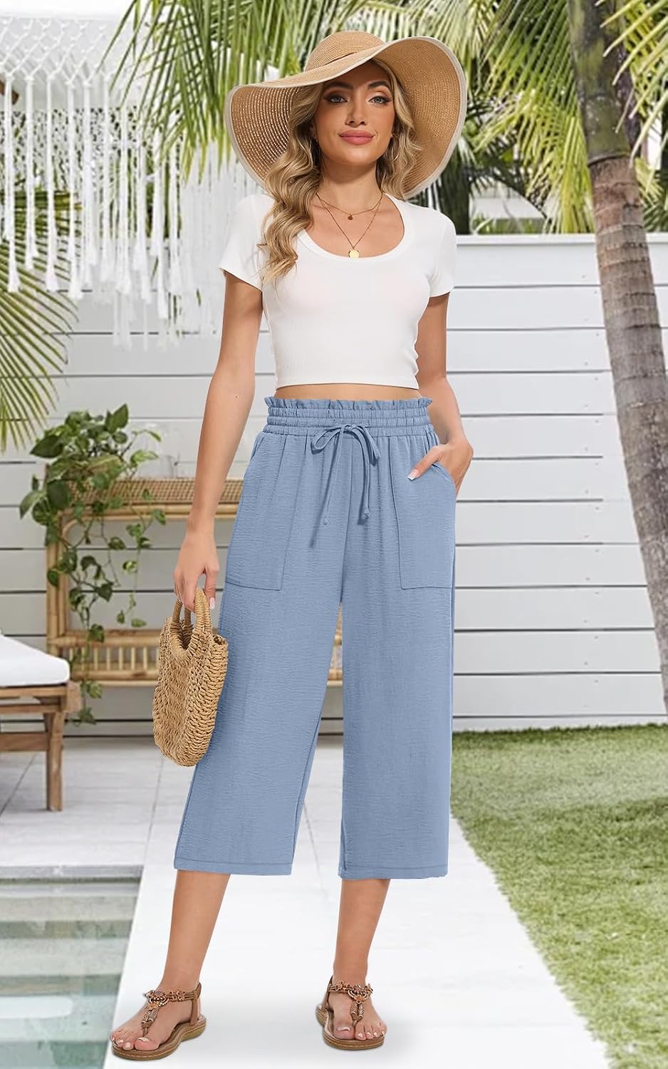 Detalle de MLXSJ Women's Capri Pants: Summer Wide-Leg High-Waisted Drawstring Trousers with Pockets