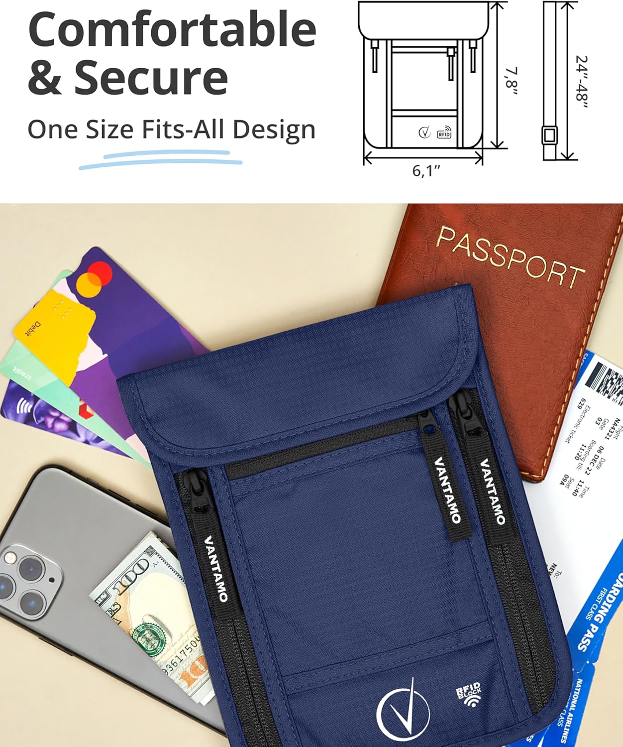 Detalle de Vantamo Pochette tour de cou – Porte-passeport RFID, bleu foncé
