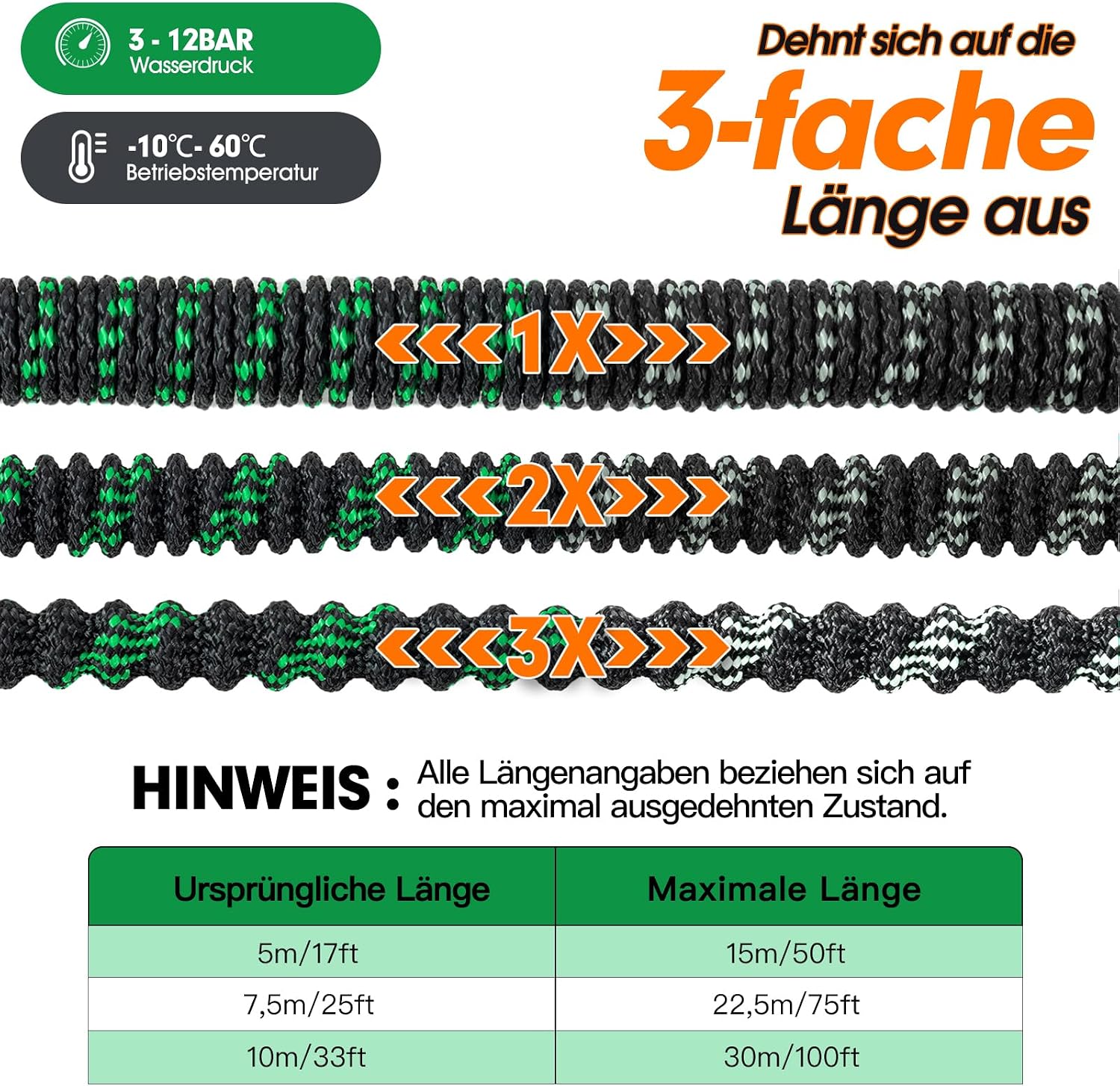 Detalle de JUNEBOW® Gartenschlauch 22,5 m mit 10-Funktionen-Sprühkopf und flexibler 3-fach Dehnung