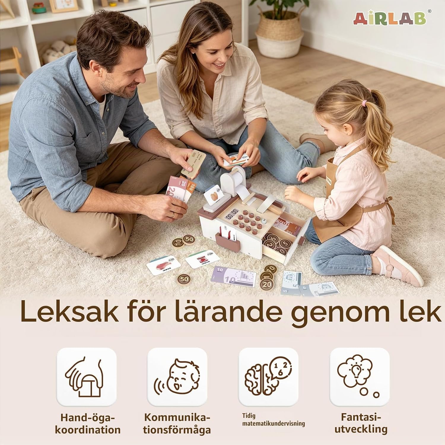 Thumbnail 6 de Airlab leksakskassa i trä med kassalåda, skanner och tillbehör