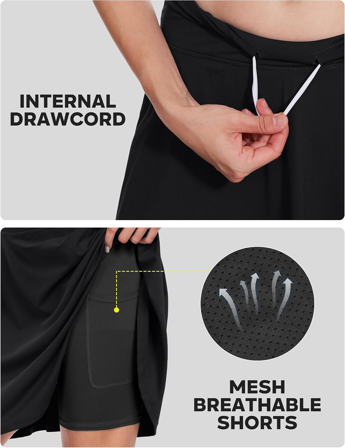 Detalle de Desol Tennisrock Damen mit Hose (50 cm) & 4 Taschen – Knielang mit hoher Taille und verstellbarem Zugband