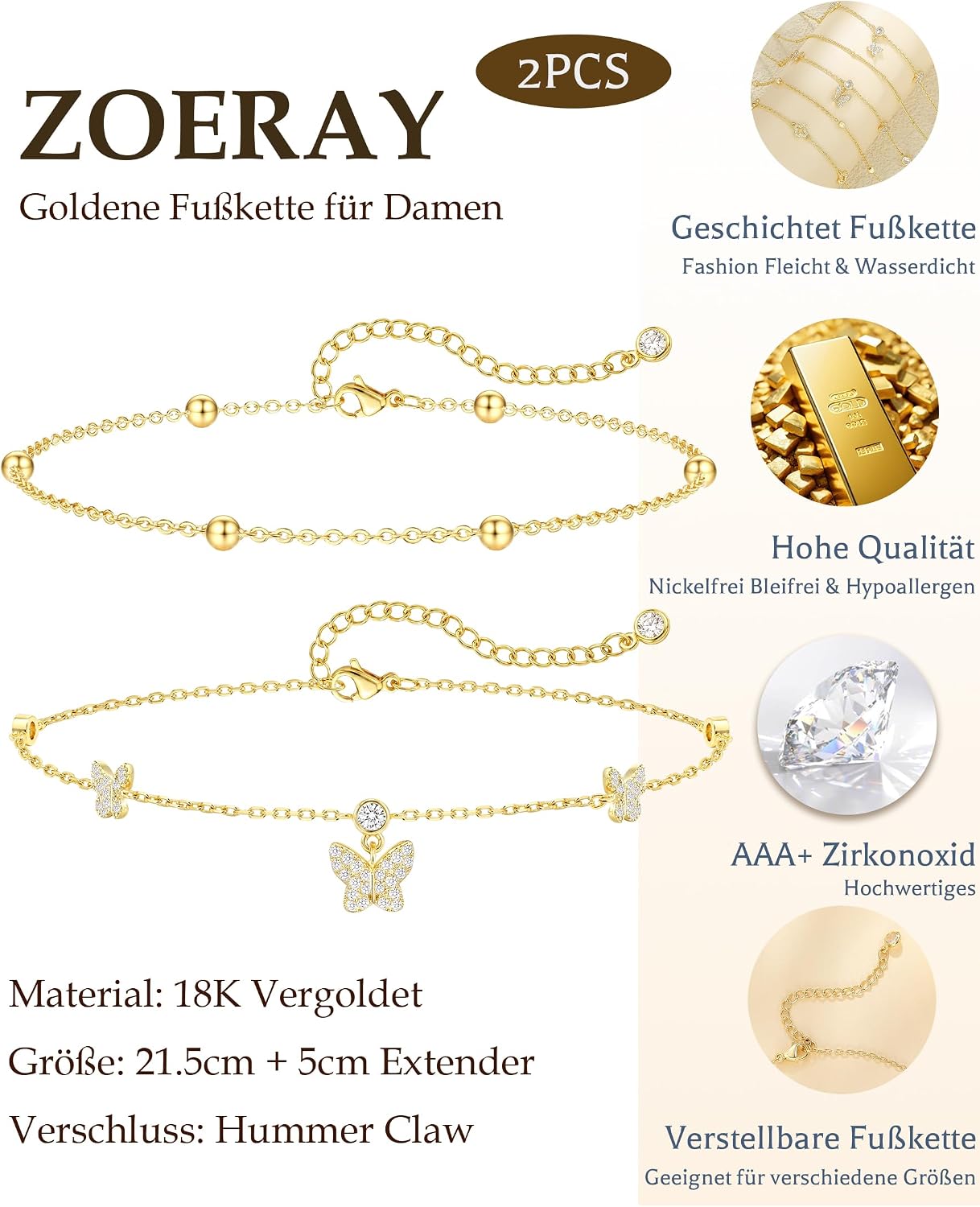 Thumbnail 3 de ZOERAY Fußkettchen Damen Silber 925 / 18K Vergoldet – Wasserfest, Verstellbar, mit Perlen, Schmetterling, Herz und Kleeblatt