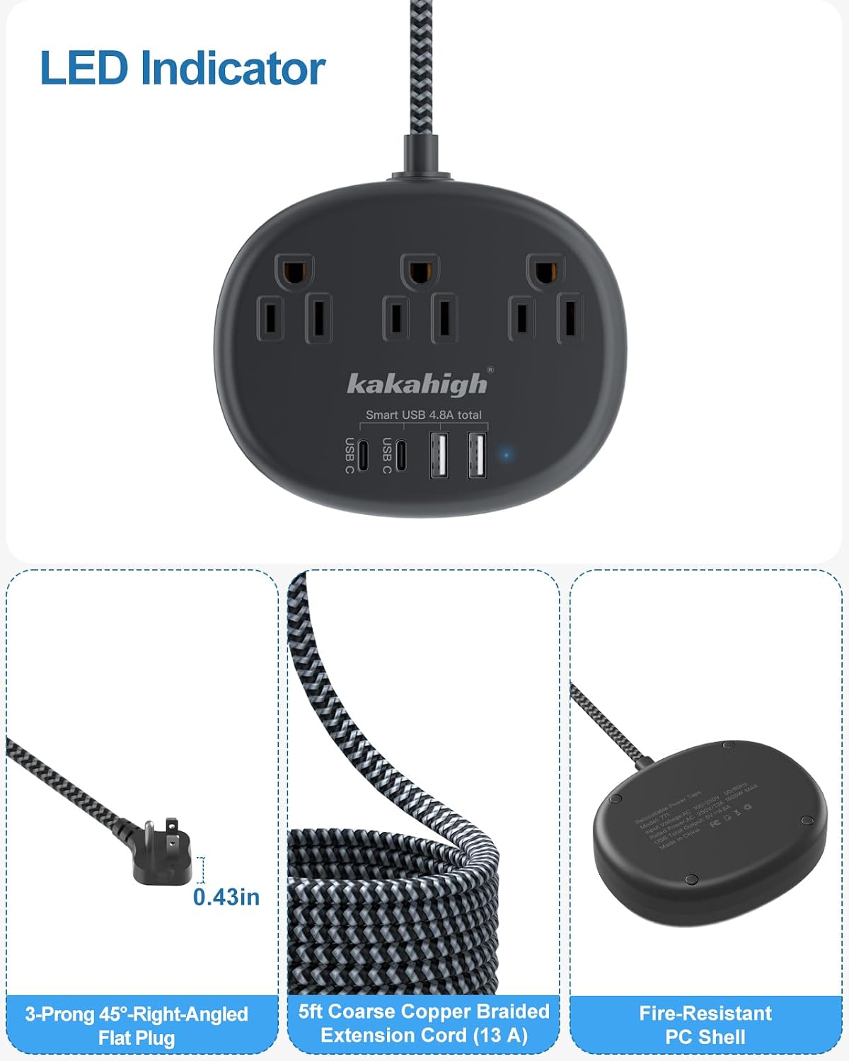 Thumbnail 2 de kakahigh 771 5-Foot Extension Cord with 3 AC Outlets and 4 USB Ports
