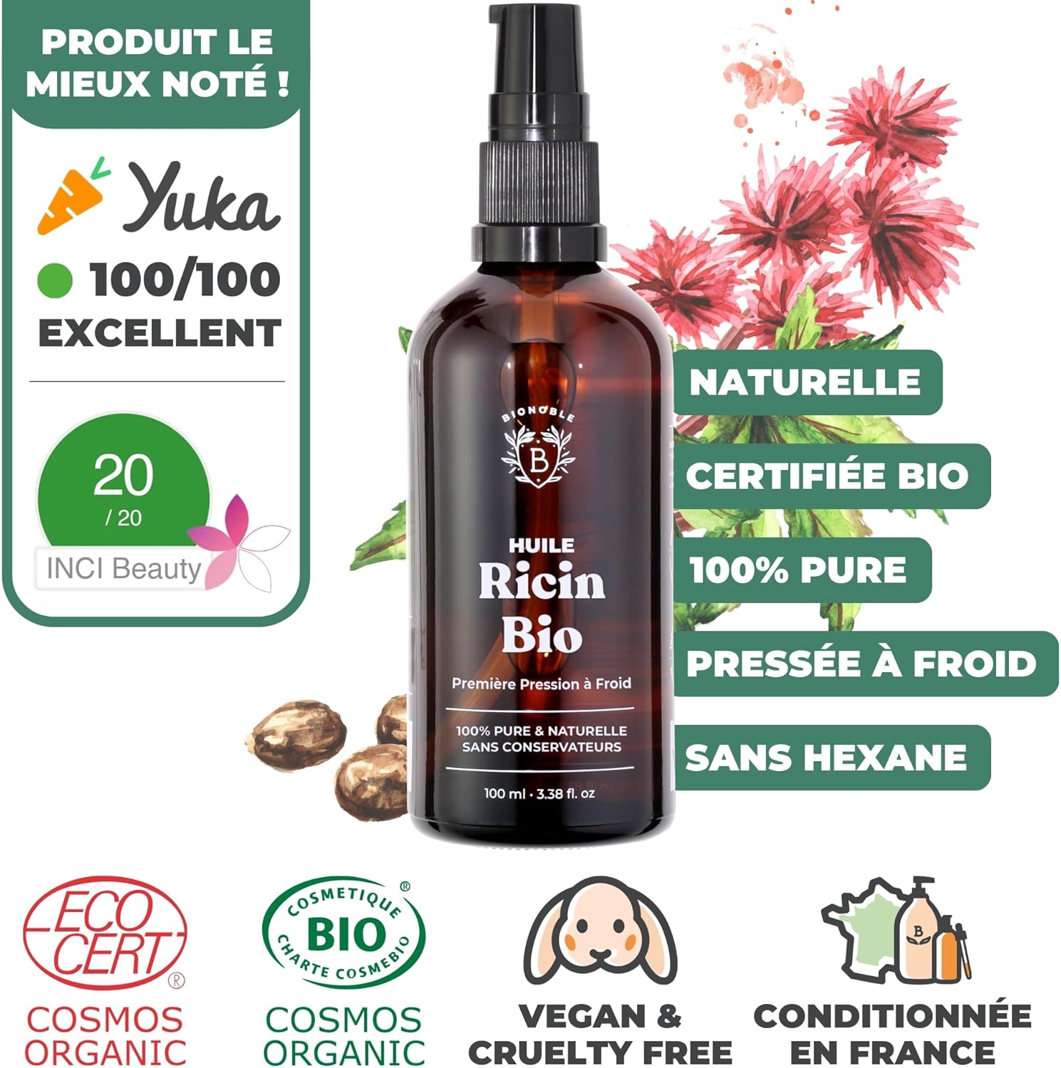 Detalle 2 de BIONOBLE Huile de Ricin Bio Pressée à Froid – 100 ml, 100% Naturelle, pour cheveux, cils et sourcils