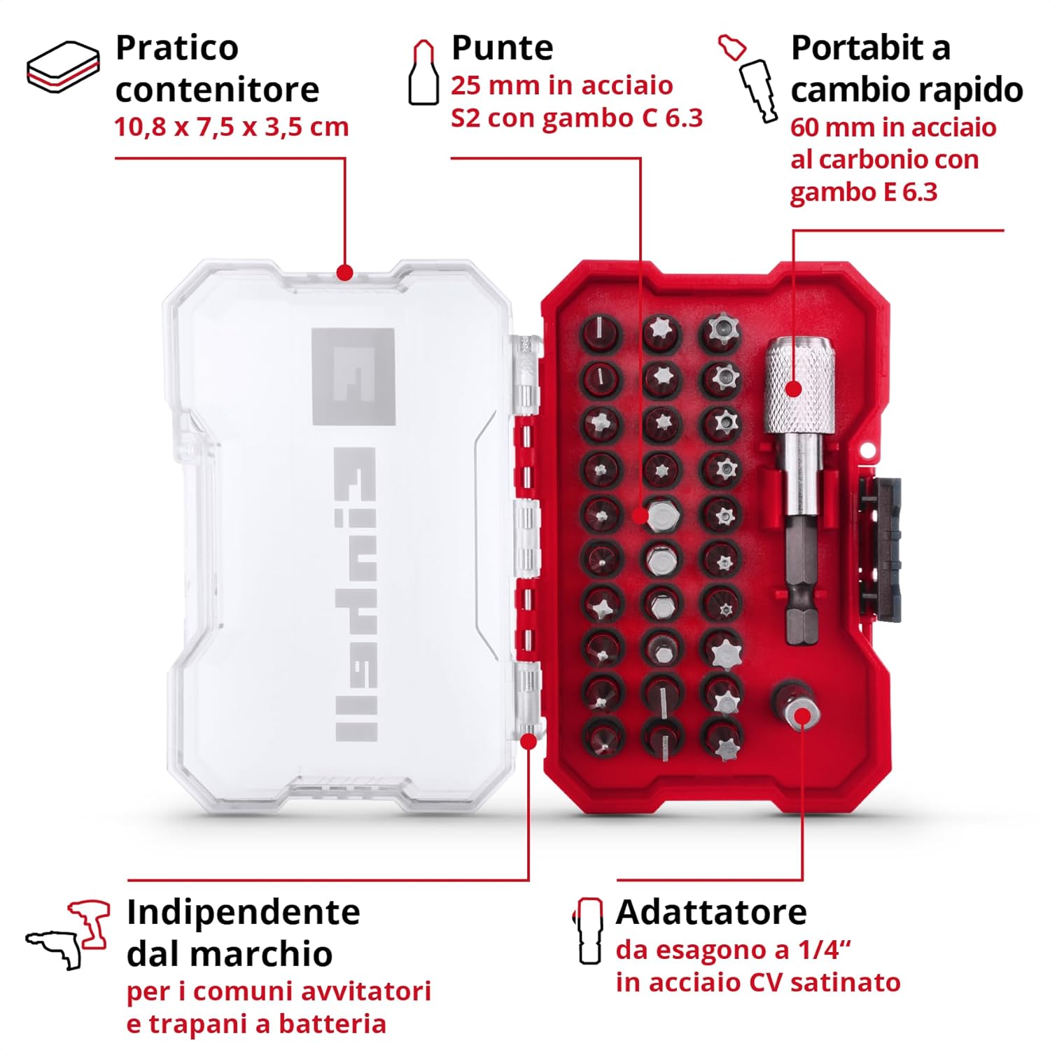 Detalle de Set punte Einhell XS-CASE 32 pezzi: punte 25 mm, portapunte rapido e adattatore 1/4" in un astuccio robusto