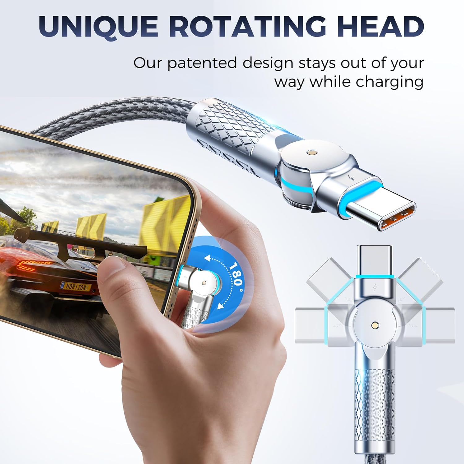 Detalle de USB-C to USB-C 10ft 240W Cable (2-Pack) with 180° Rotating Heads, Braided—Light Gray