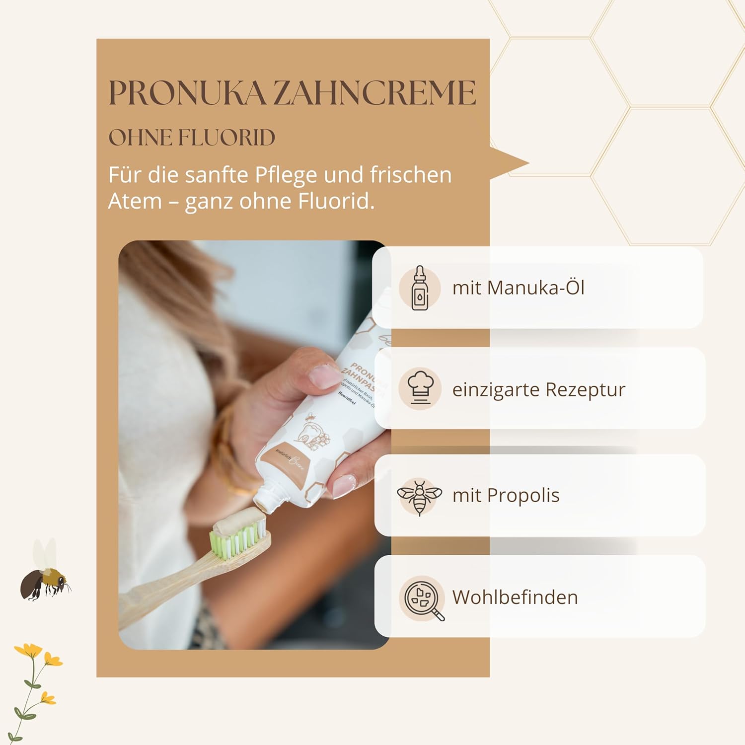 Detalle de bedrop Pronuka fluoridfreie Zahnpasta mit Propolis & Manuka-Öl (Zitrone-Minze, 75 ml)