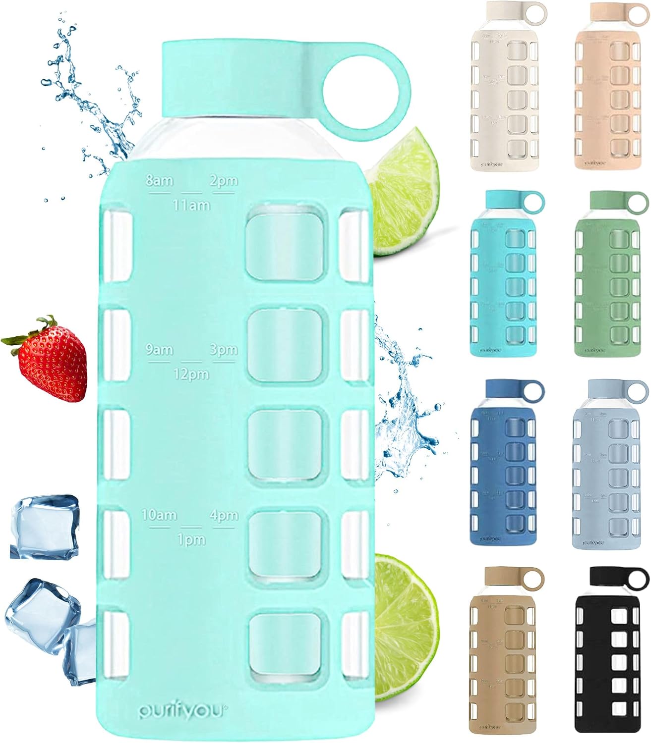 Detalle de purifyou 22oz Glow Glass Water Bottle with Time Markings and Silicone Sleeve
