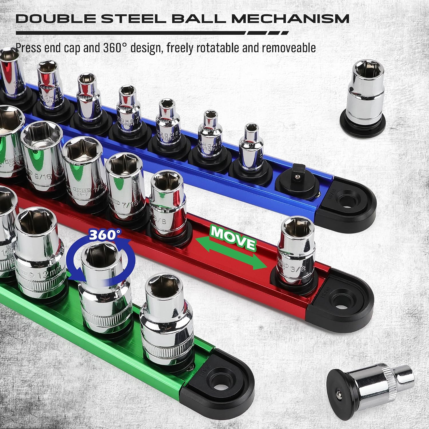 Detalle de Magnetic Socket Holder Organizer Set (9-Piece) for 1/4, 3/8, and 1/2 Sockets — Detachable Rail Trays